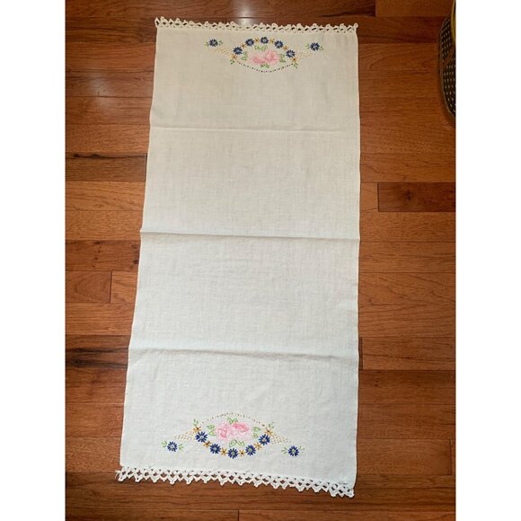 Handmade Embroidered Floral Table Runner with Crocheted Edges - 34" x 16" - Picture 1 of 7